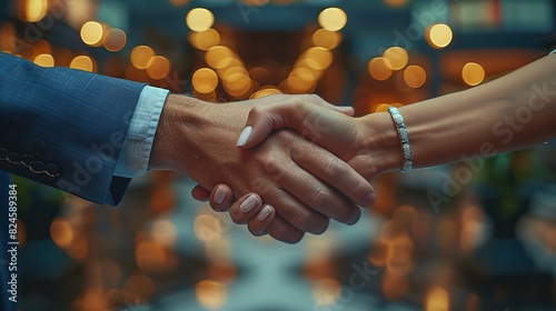 defocused shot of two businesspeople shaking hands in an office illustration photo