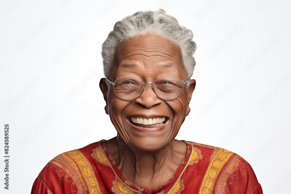 Smiling senior black woman on white background. Topics related to old age. Afro american. Africa. Retirement home. Retirement. Image for Graphic Designer. Senior residence. AI. Smiling senior black woman on white background. Topics related to old age. Afro american. Africa. Retirement home. Retirement. Image for Graphic Designer. Senior residence. AI.