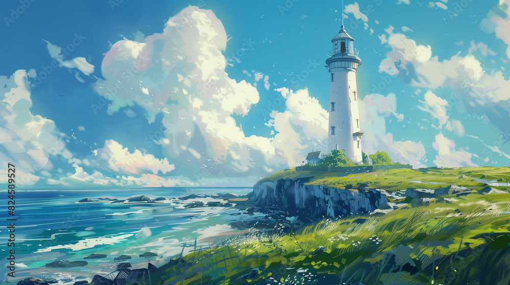 painting of a lighthouse on a cliff overlooking the ocean