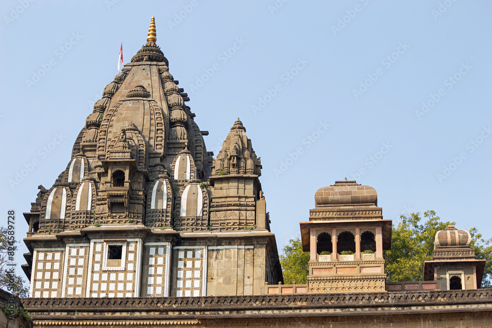 Shikhara of Ahilyadevi Holkar Samadhi Temple, Maheshwar Fort, Madhya Pradesh, India.