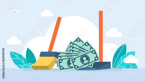 Sweeping Money. The concept of inflation, embargo, sanctions, devaluation. A broom sweeps banknotes, getting rid of money or cleaning. Broom, scoop, sweep. Vector illustration