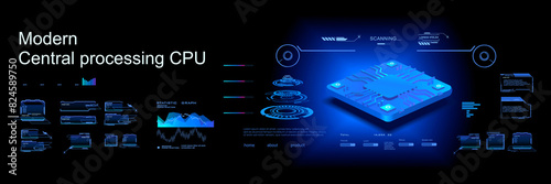Presentation super-powerful processor. Realistic 3D model new generation processor for processing large amounts of information. Cyber technology concept banner with HUD elements