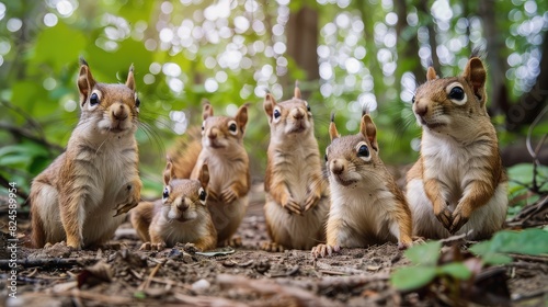 Group of squirrels sitting on the ground in the forest and looking at camera © najeeb