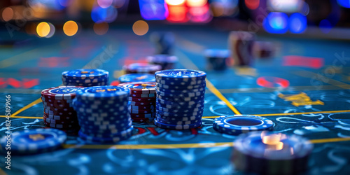 High-stakes poker table with a colorful array of chips