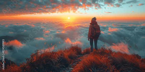 A lone hiker stands atop a mountain, surrounded by misty valleys.