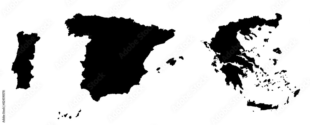 Obraz premium Black silhouette of Spain, Portugal and Greece. Map illustration of European countries. 