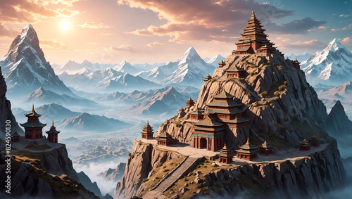 Ancient Mongolian empire in Himalayan valley, temple citadel on top of a mountain peak, asian architecture, epic scenery, high detail, fantasy illustration photo