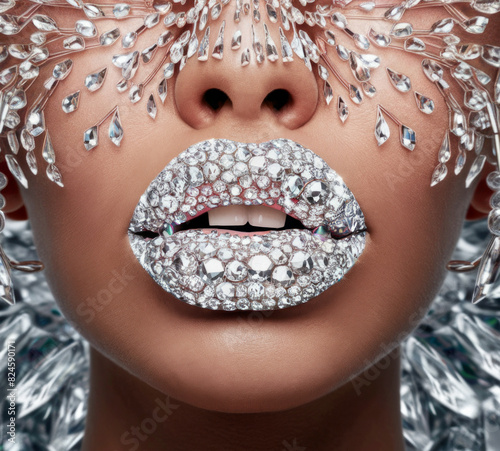A close-up of the model's crystal-covered lips and face adorned with extravagant crystal designs that highlight luxury and creativity