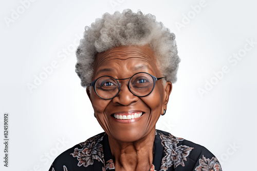Smiling senior black woman on white background. Topics related to old age. Afro american. Africa. Retirement home. Retirement. Image for Graphic Designer. Senior residence. AI.