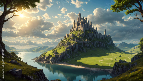 Ancient Celtic castle on a highland hill, court of king Arthur in Avalon, green mountains and lake, epic scenery, high detail, fantasy illustration photo