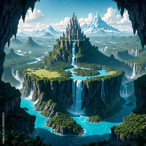 Fairytale castle on a high plateau, surrounded by dense forests, waterfalls and mountains, epic scenery, high detail, fantasy illustration photo