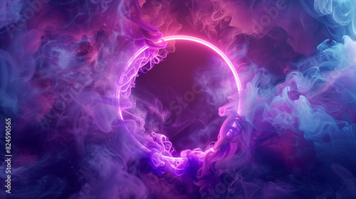 purple and blue smoke swirls around a circular object in a dark background photo