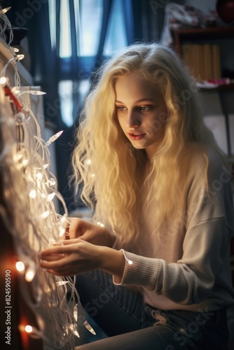 ShotA young albino woman decorates her home with festive lights and ornaments, creating a warm and inviting atmosphere for the holidays photo