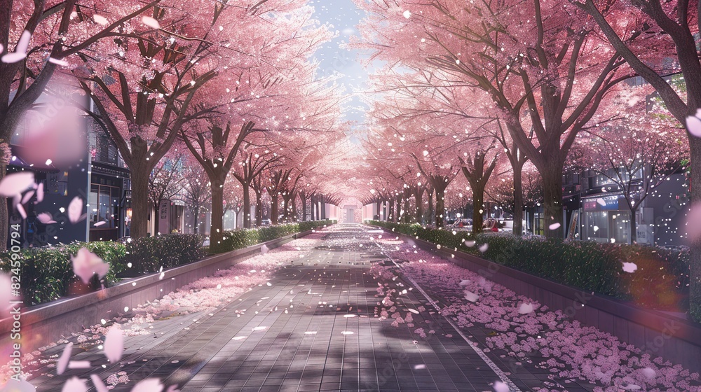 Street with cherry blossoms and lights. The streets are brightly lit and have a festive atmosphere in spring