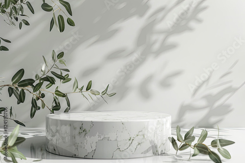 A minimalist podium with olive branches and leaves, set against an offwhite background. Created with Ai photo