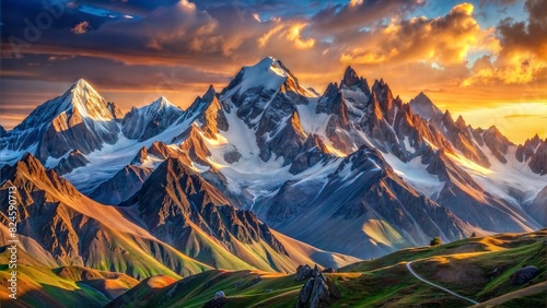 a high-quality image of mountains with a resolution of at least 8K. The image should be realistic and detailed, with sharp textures and vibrant colors. The mountains should be the main focus 
