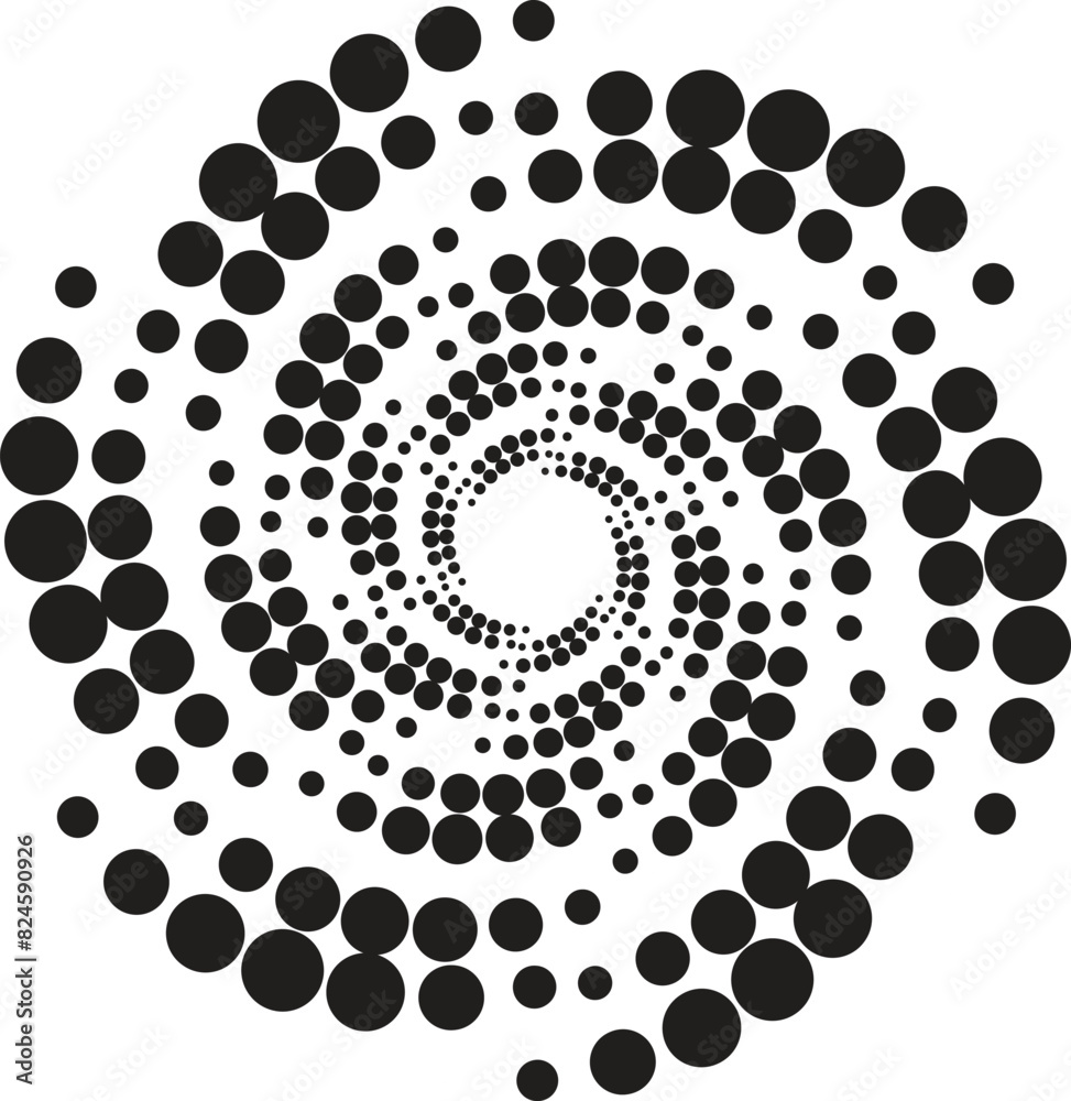 Circle abstract background with dynamic halftone dots in spiral. Black shape on a white background and the same white shape on the black side.