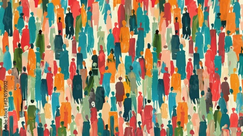 Colorful people crowd silhouette abstract art seamless pattern. Multi-ethnic community, cultural diversity group wallpaper background, diverse crowd drawing  print.