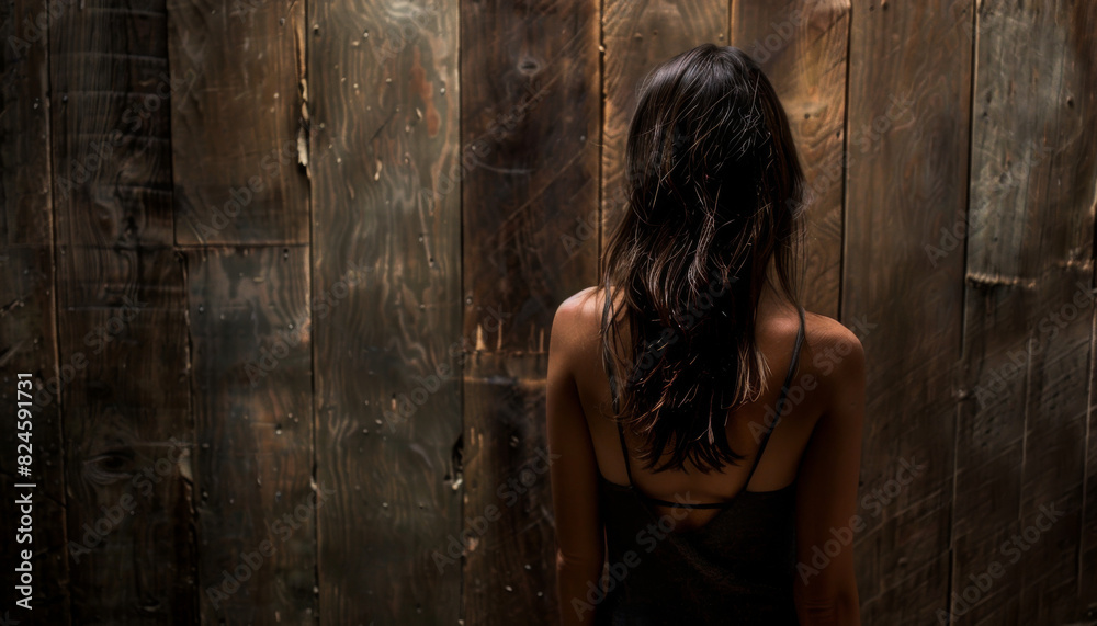 A woman with long hair is standing in front of a wooden wall