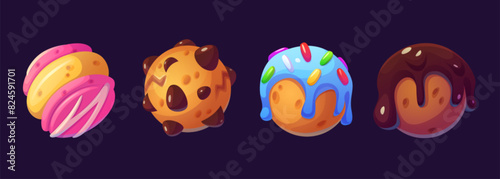 Candy game planet for magic space icon cartoon. Fantasy cake ball for yummy chocolate world. Dessert universe design with sweet sphere orbit concept. Crazy confectionery bubble for funny kids app