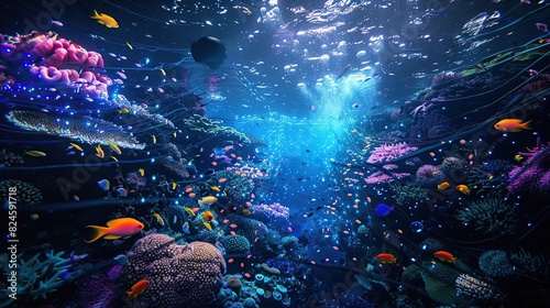 Colorful underwater scenery with lots of fish and coral reefs sunlight penetrating underwater. photo