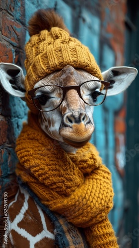 A giraffe dressed in a yellow hat and scarf