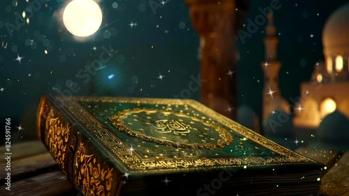 Experience the serene beauty of a closeup of the Holy Quran with a Ramadan moment under moonlight and shooting stars in this seamless 4K looping time-lapse animation background photo
