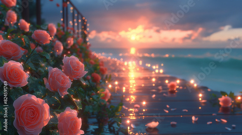 flowers are growing on a wooden walkway near the ocean