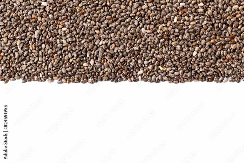 Chia seeds border on white background. Copy space for text. Top view Chia seeds border on white background. Copy space for text. Top view