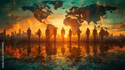 global business concept business people standing on world map background stock image