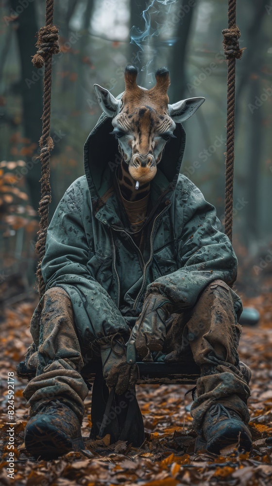 Anthropomorphic giraffe in a hoodie sits on a swing in a wooded area