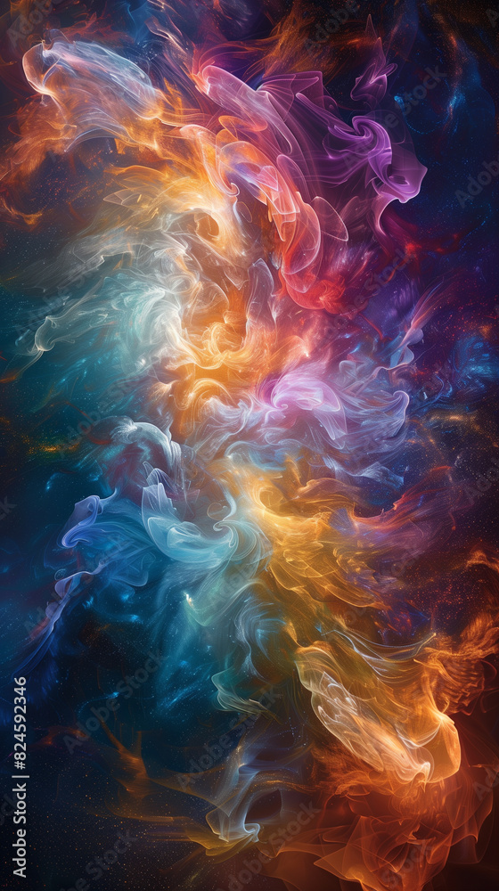 a close up of a colorful painting of smoke and fire