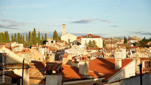  Town with traditional red roofs . Tiled rooftops and facades with from above 