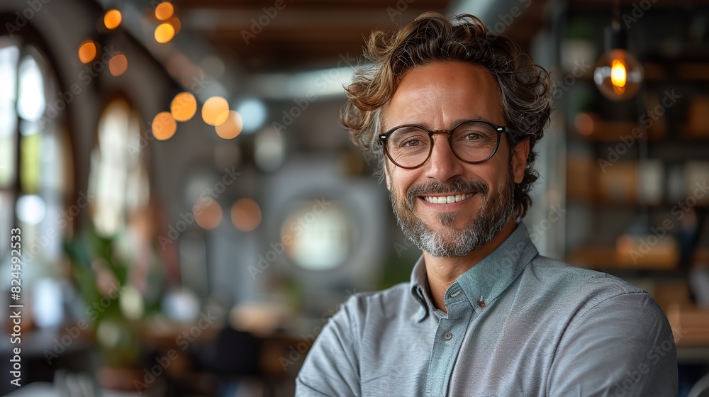 smiling confident business leader looking at camera and standing in an office at team meeting.illustration smiling confident business leader looking at camera and standing in an office at team meeting.illustration