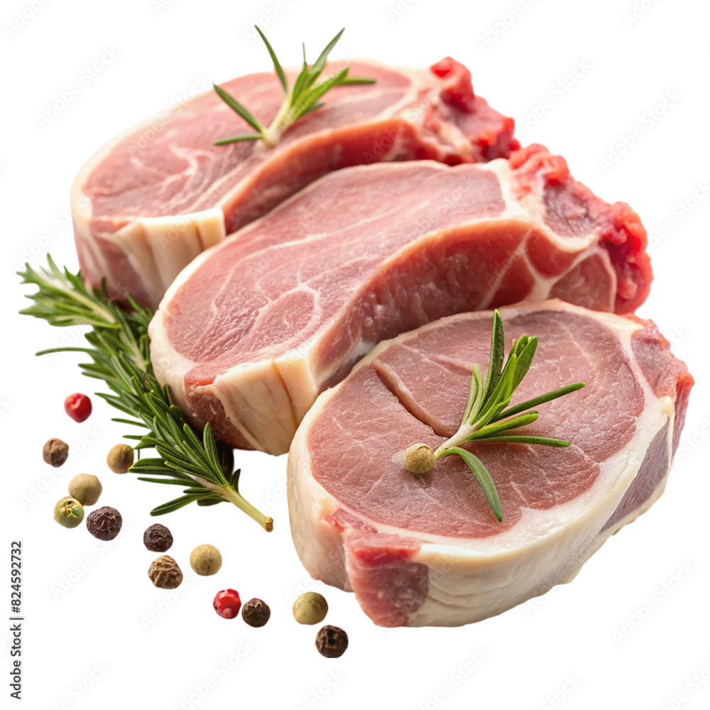 Two pieces of raw meat with herbs and peppercorns on transparent background Two pieces of raw meat with herbs and peppercorns on transparent background