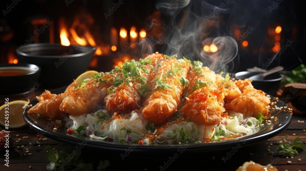 Fototapeta premium Delicious crispy tempura on a plate with blur background