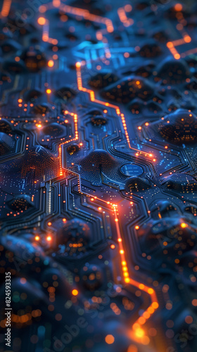 a close up of a computer circuit board with glowing lights