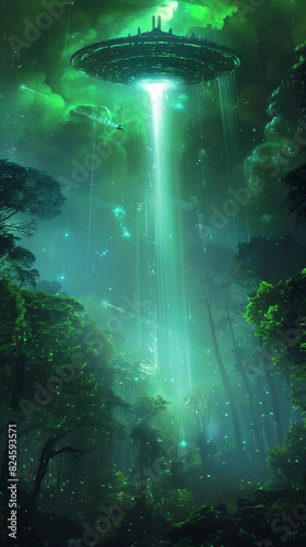 spaceship flying over a forest with a waterfall of water