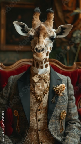An anthropomorphic giraffe wearing a suit sits in a chair