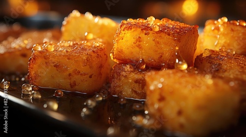 Crispy tater tots with savory salty spices with black and blur background photo