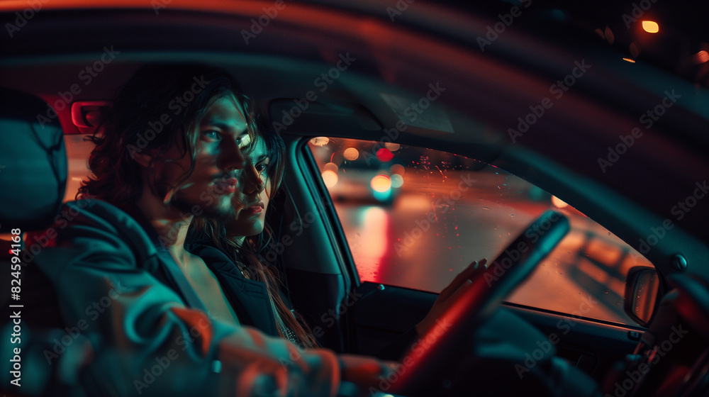 arafed woman driving a car at night in the city