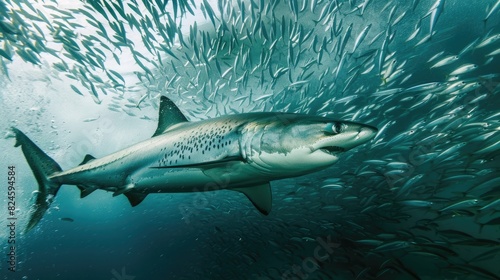 Shark hunting in schools of sardines in the open ocean. A majestic shark peering through a dense school of sardines.