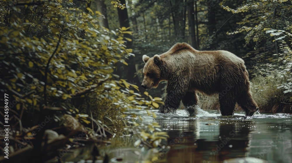Brown bear walking along the river at the edge of the forest Brown bear walking along the river at the edge of the forest