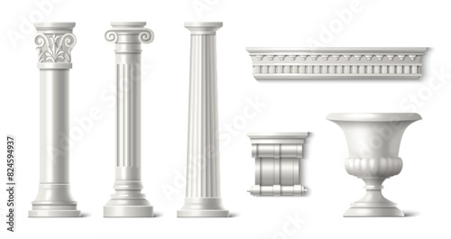 Ancient roman column, stone pillar and vase. Realistic 3d vector illustration set of white antique greek marble temple building elements. Grecian baroque palace sculpture entrance or interior objects.