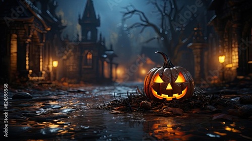 halloween background with scary flaming pumpkin carvings, dark background