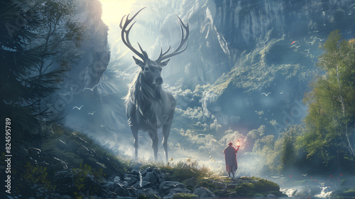 there is a man standing in front of a deer in a mountain photo