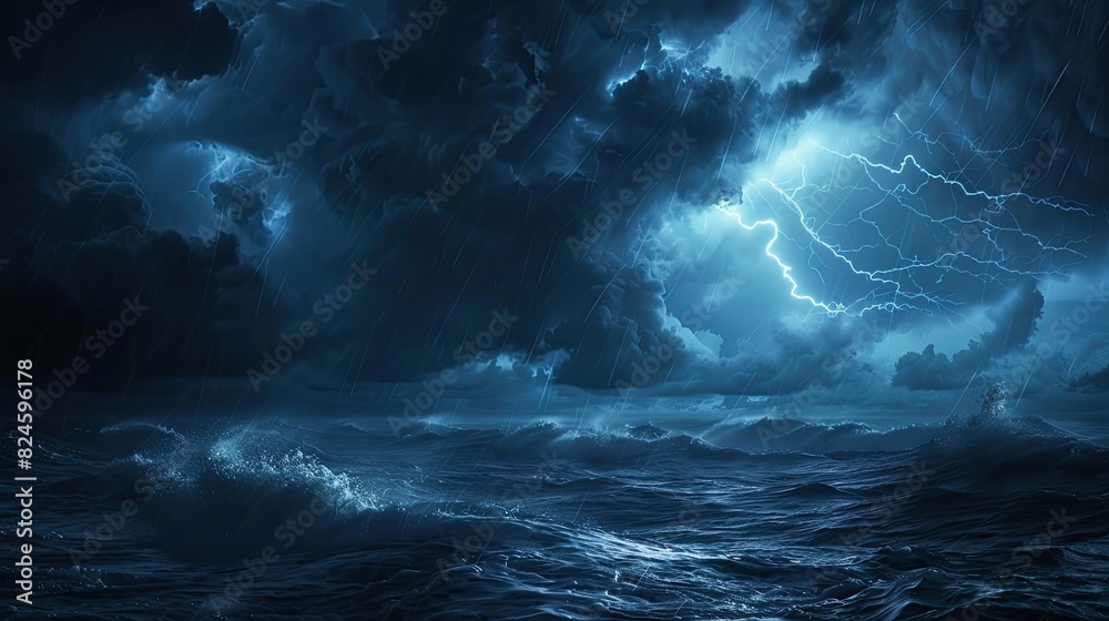 Night sea dramatic landscape with a storm. Night storm on the ocean. Gloomy giant waves and lightning.a dramatic cloudy sky above. Approaching storm. Generative AI