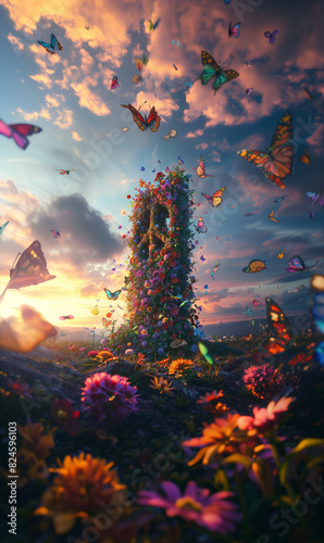 butterflies fly around a tree in a field of flowers