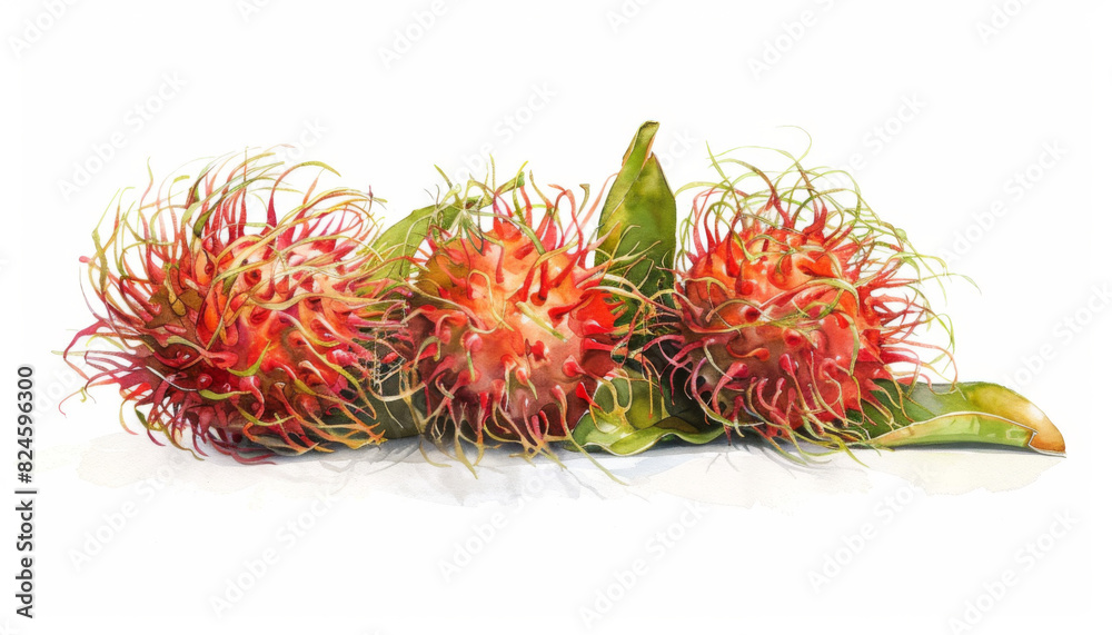 Three red rambutans are on a white background Three red rambutans are on a white background