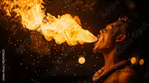 there is a man with a beard blowing a fire in the air photo